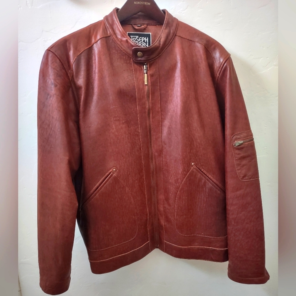 Joseph Barry tobacco brown leather bomber jacket coat size Large